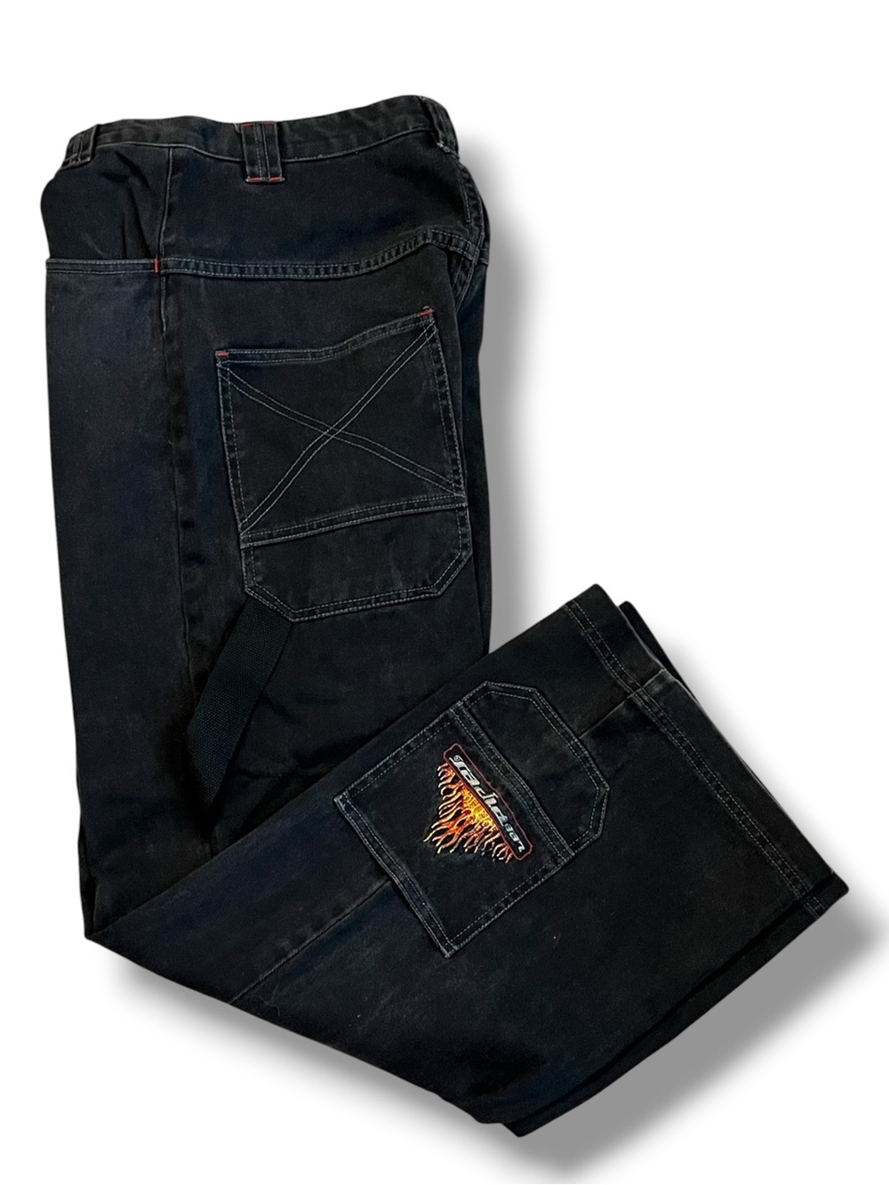Vintage Lee Pipes Skater Jeans 28x32 Wide Leg Black Denim Flames Leg Pocket 90s
